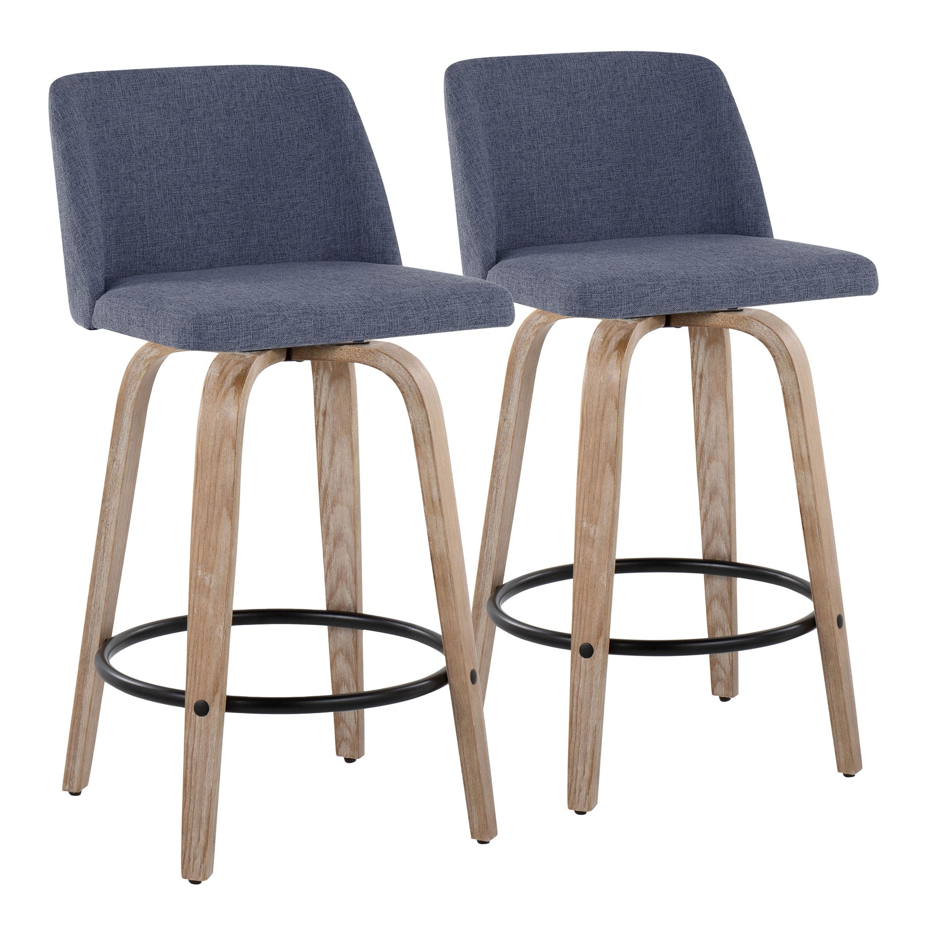 Toriano 26" Contemporary Fixed-Height Counter Stool with Swivel in Whitewashed Wood and Blue Fabric with Round Black Metal Footrest by LumiSource - Set of 2