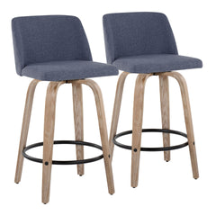Toriano 26" Contemporary Fixed-Height Counter Stool with Swivel in Whitewashed Wood and Blue Fabric with Round Black Metal Footrest by LumiSource - Set of 2
