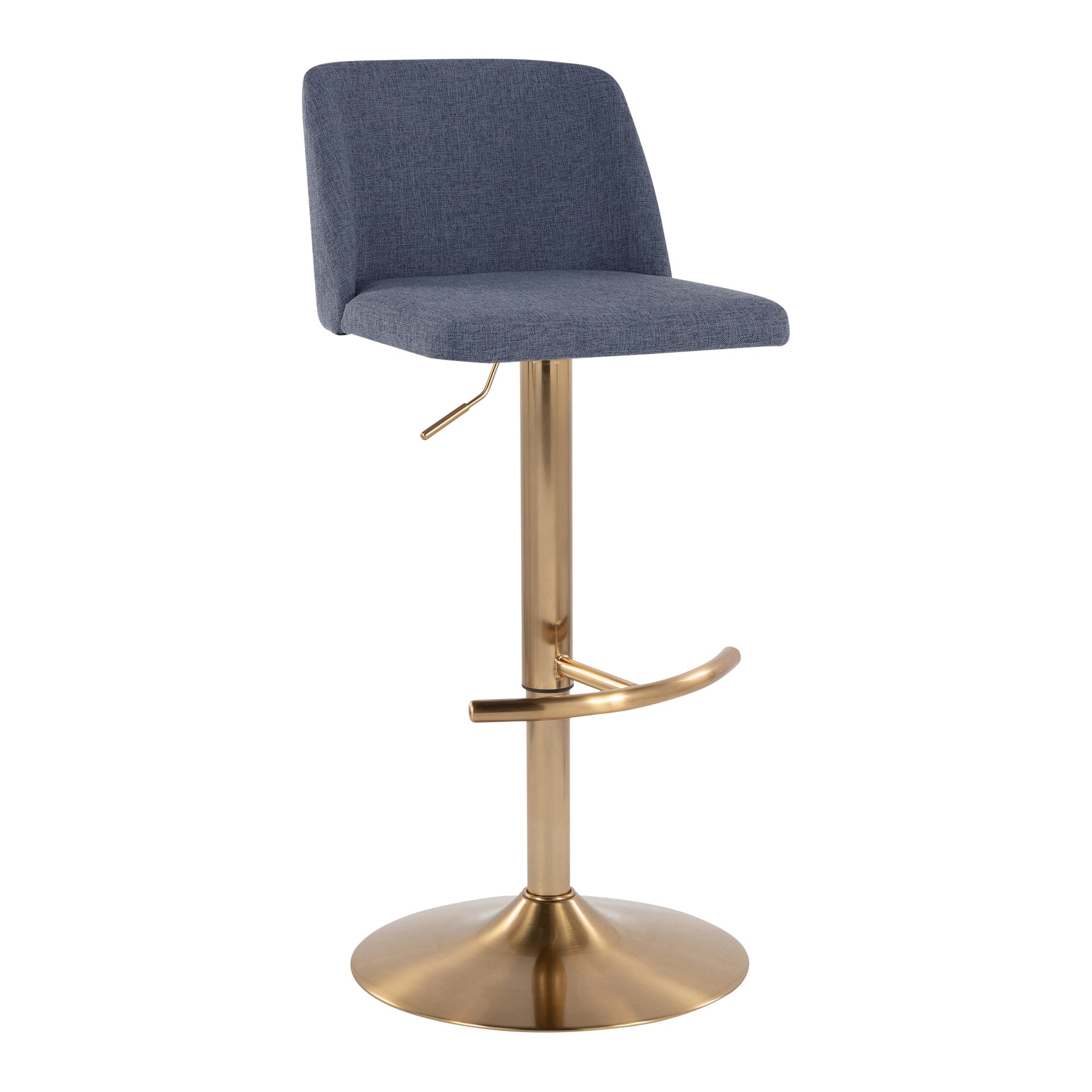 Toriano Contemporary Adjustable Barstool with Swivel in Blue Fabric and Gold Metal with Rounded T Footrest by LumiSource - Set of 2