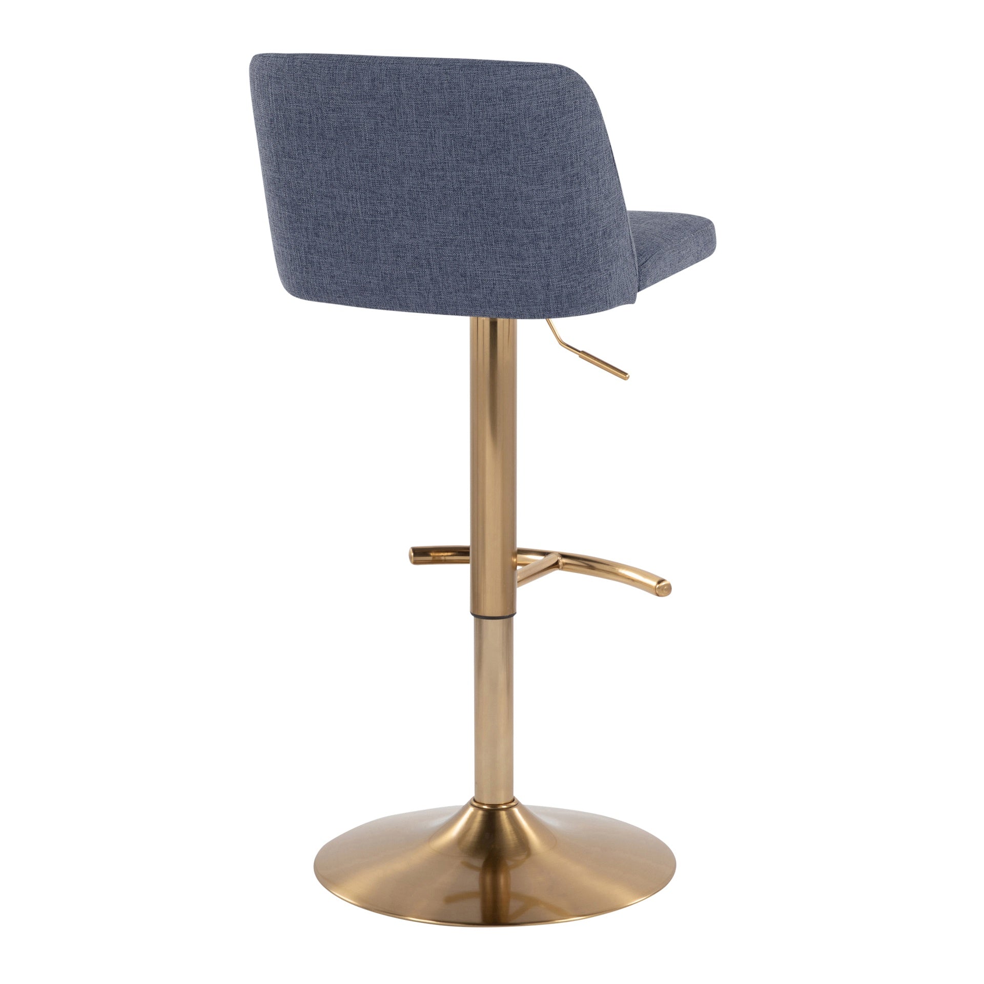 Toriano Contemporary Adjustable Barstool with Swivel in Blue Fabric and Gold Metal with Rounded T Footrest by LumiSource - Set of 2