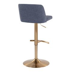 Toriano Contemporary Adjustable Barstool with Swivel in Blue Fabric and Gold Metal with Rounded T Footrest by LumiSource - Set of 2