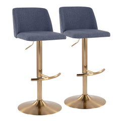Toriano Contemporary Adjustable Barstool with Swivel in Blue Fabric and Gold Metal with Rounded T Footrest by LumiSource - Set of 2