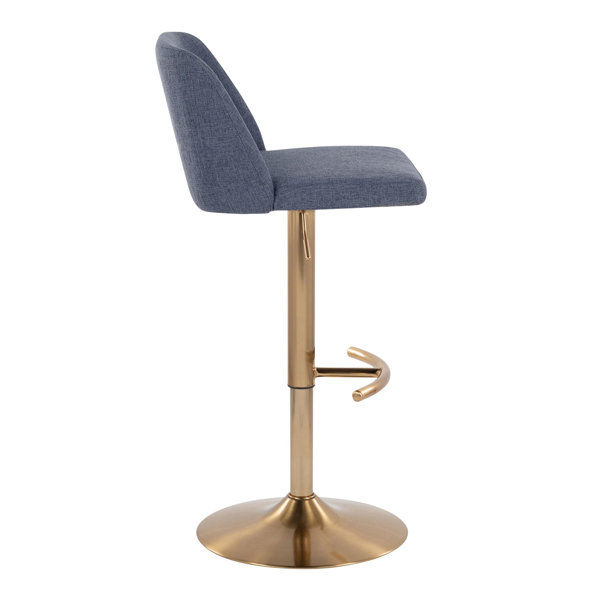Toriano Contemporary Adjustable Barstool with Swivel in Blue Fabric and Gold Metal with Rounded T Footrest by LumiSource - Set of 2
