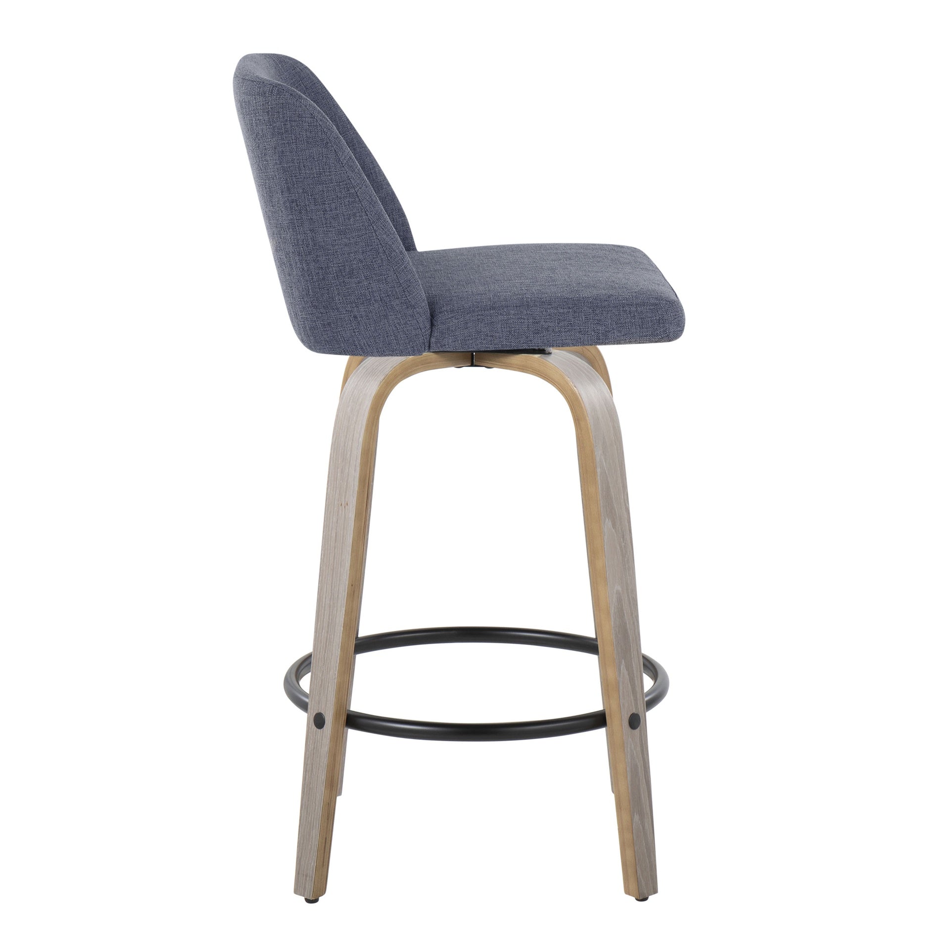Toriano 26" Contemporary Fixed-Height Counter Stool with Swivel in Light Grey Wood and Blue Fabric with Round Black Metal Footrest by LumiSource - Set of 2