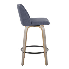 Toriano 26" Contemporary Fixed-Height Counter Stool with Swivel in Light Grey Wood and Blue Fabric with Round Black Metal Footrest by LumiSource - Set of 2