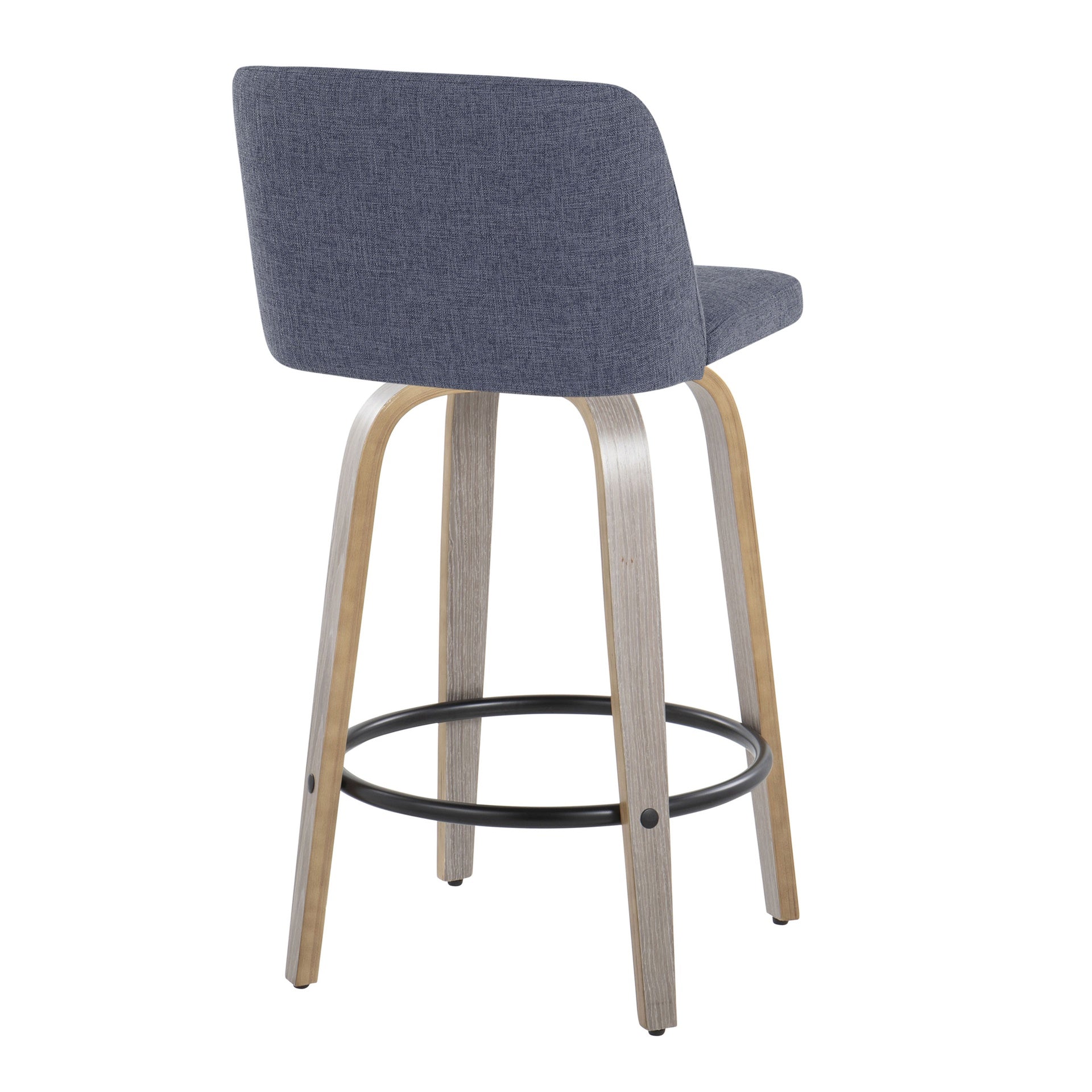 Toriano 26" Contemporary Fixed-Height Counter Stool with Swivel in Light Grey Wood and Blue Fabric with Round Black Metal Footrest by LumiSource - Set of 2