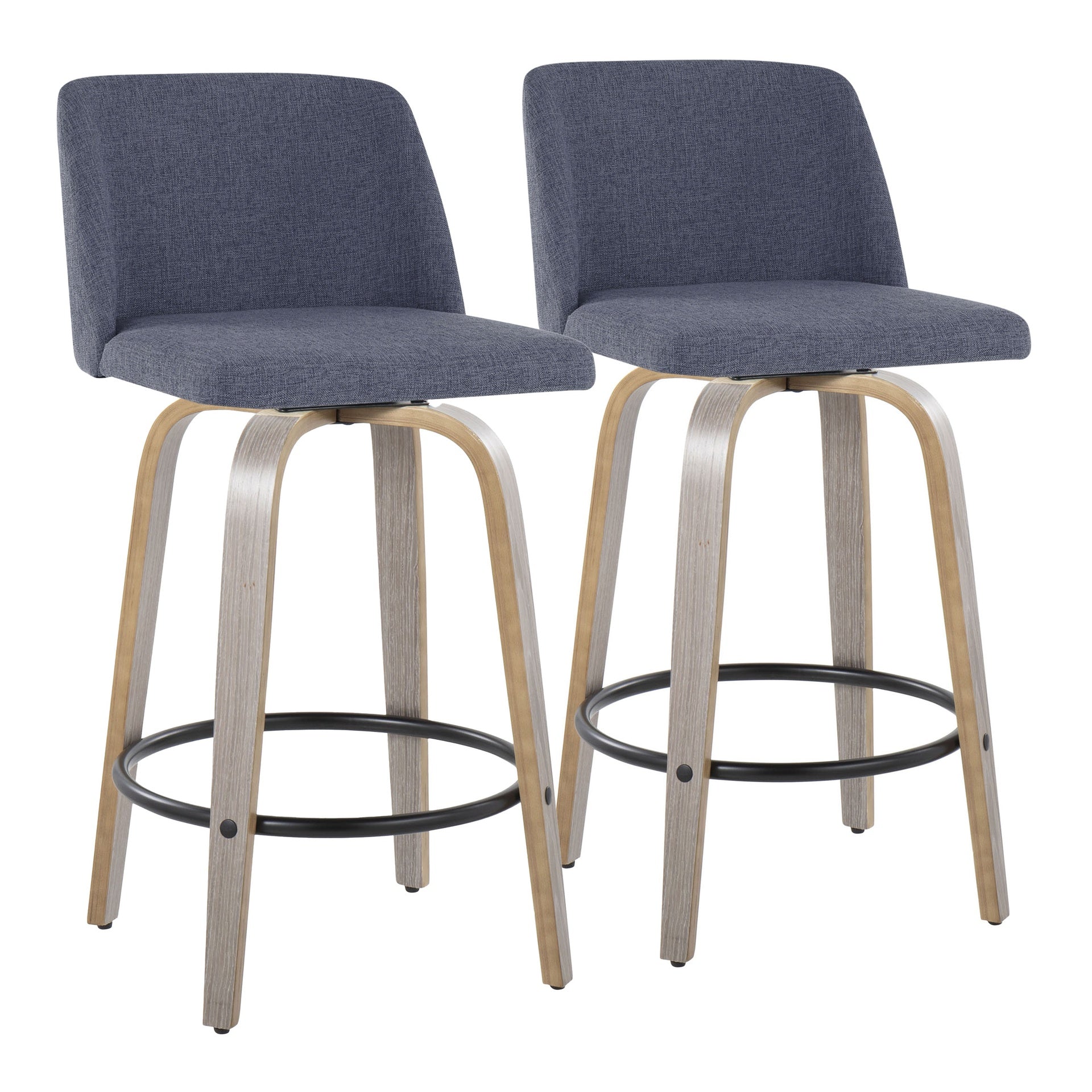 Toriano 26" Contemporary Fixed-Height Counter Stool with Swivel in Light Grey Wood and Blue Fabric with Round Black Metal Footrest by LumiSource - Set of 2