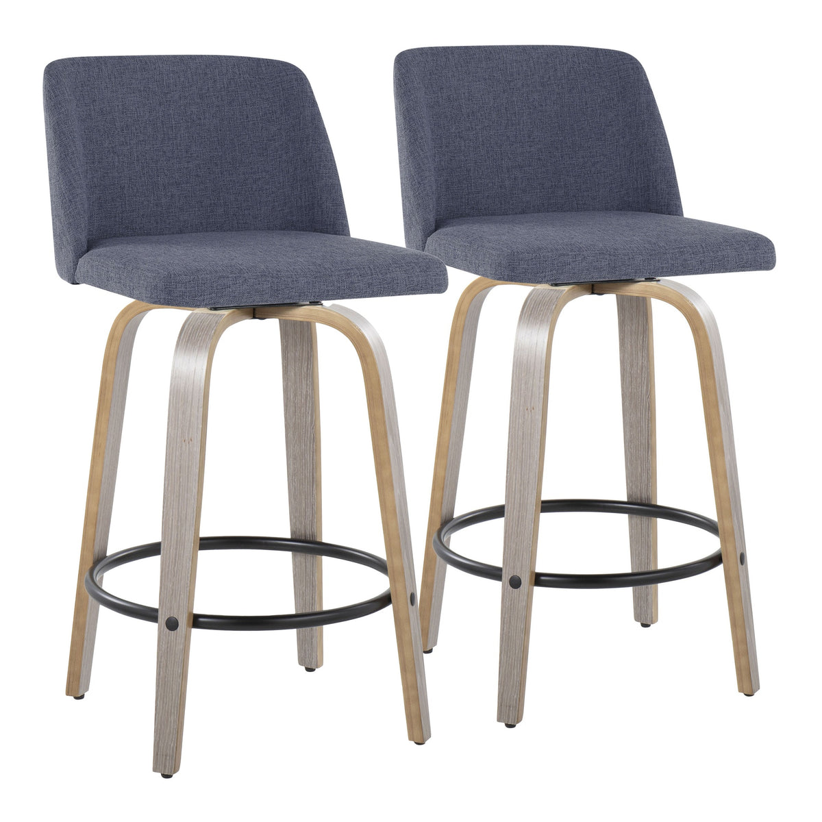 Toriano 26" Contemporary Fixed-Height Counter Stool with Swivel in Light Grey Wood and Blue Fabric with Round Black Metal Footrest by LumiSource - Set of 2