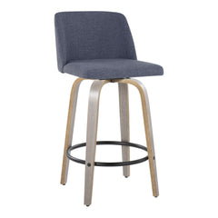 Toriano 26" Contemporary Fixed-Height Counter Stool with Swivel in Light Grey Wood and Blue Fabric with Round Black Metal Footrest by LumiSource - Set of 2