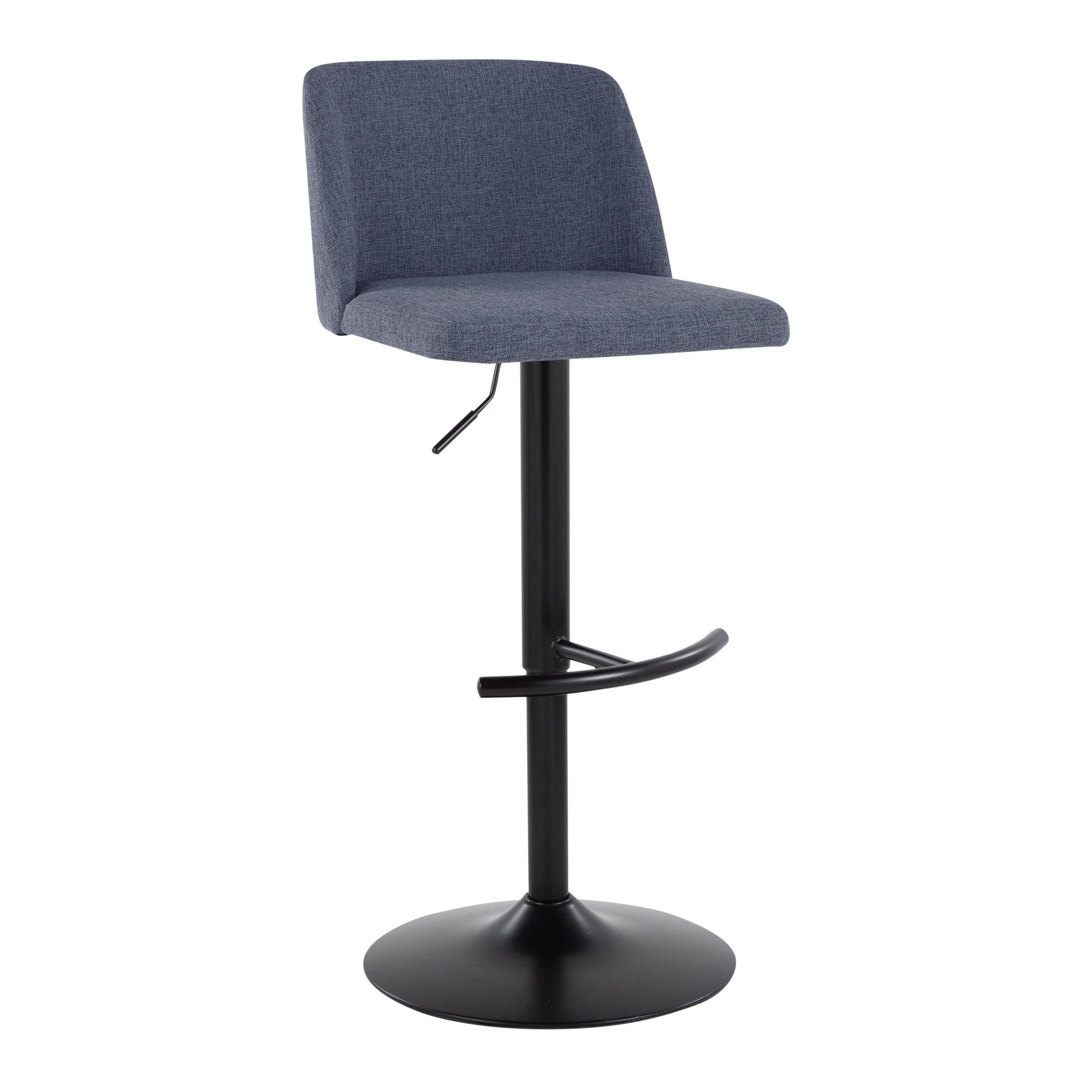 Toriano Contemporary Adjustable Barstool with Swivel in Blue Fabric and Black Metal with Rounded T Footrest by LumiSource - Set of 2