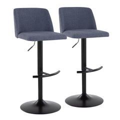 Toriano Contemporary Adjustable Barstool with Swivel in Blue Fabric and Black Metal with Rounded T Footrest by LumiSource - Set of 2