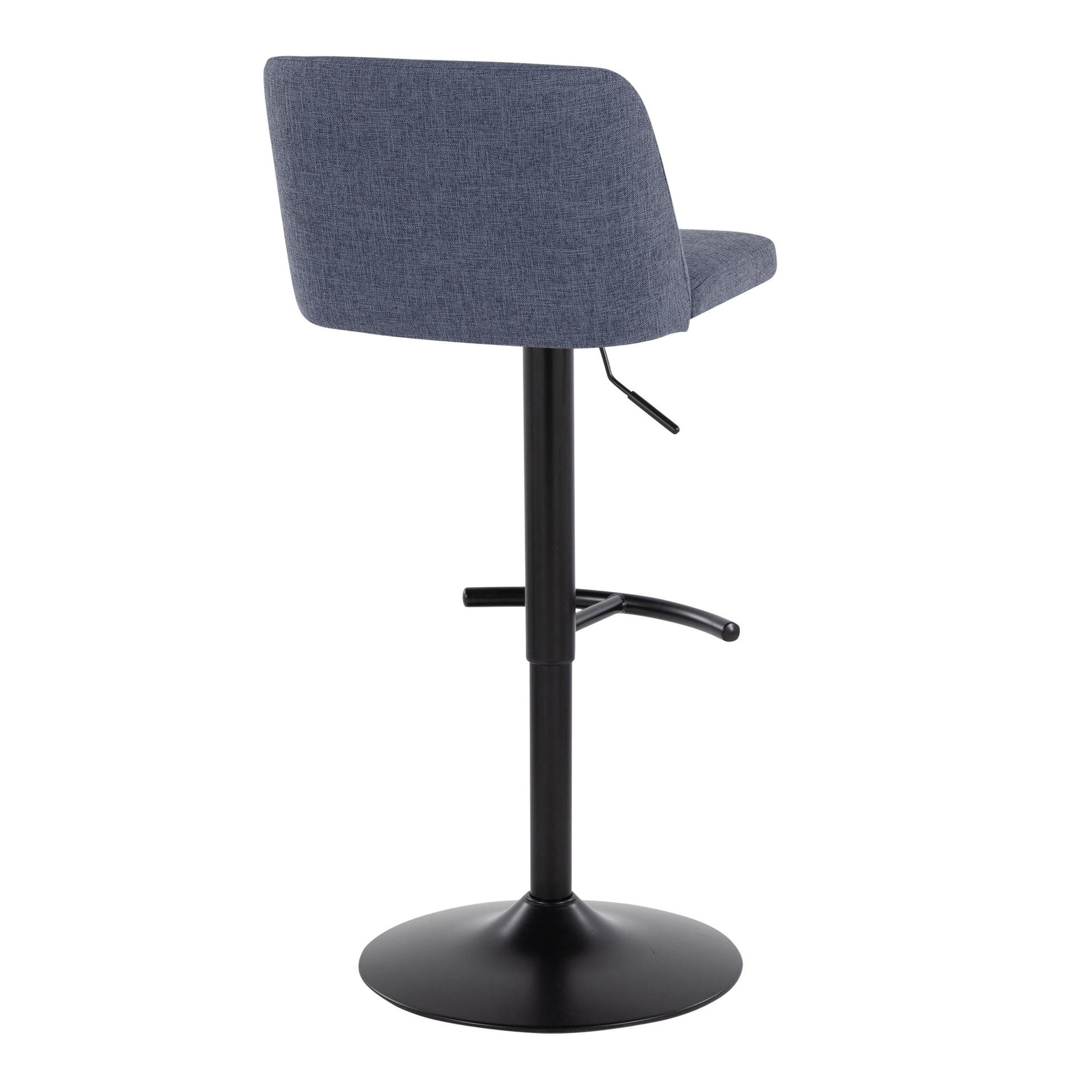 Toriano Contemporary Adjustable Barstool with Swivel in Blue Fabric and Black Metal with Rounded T Footrest by LumiSource - Set of 2