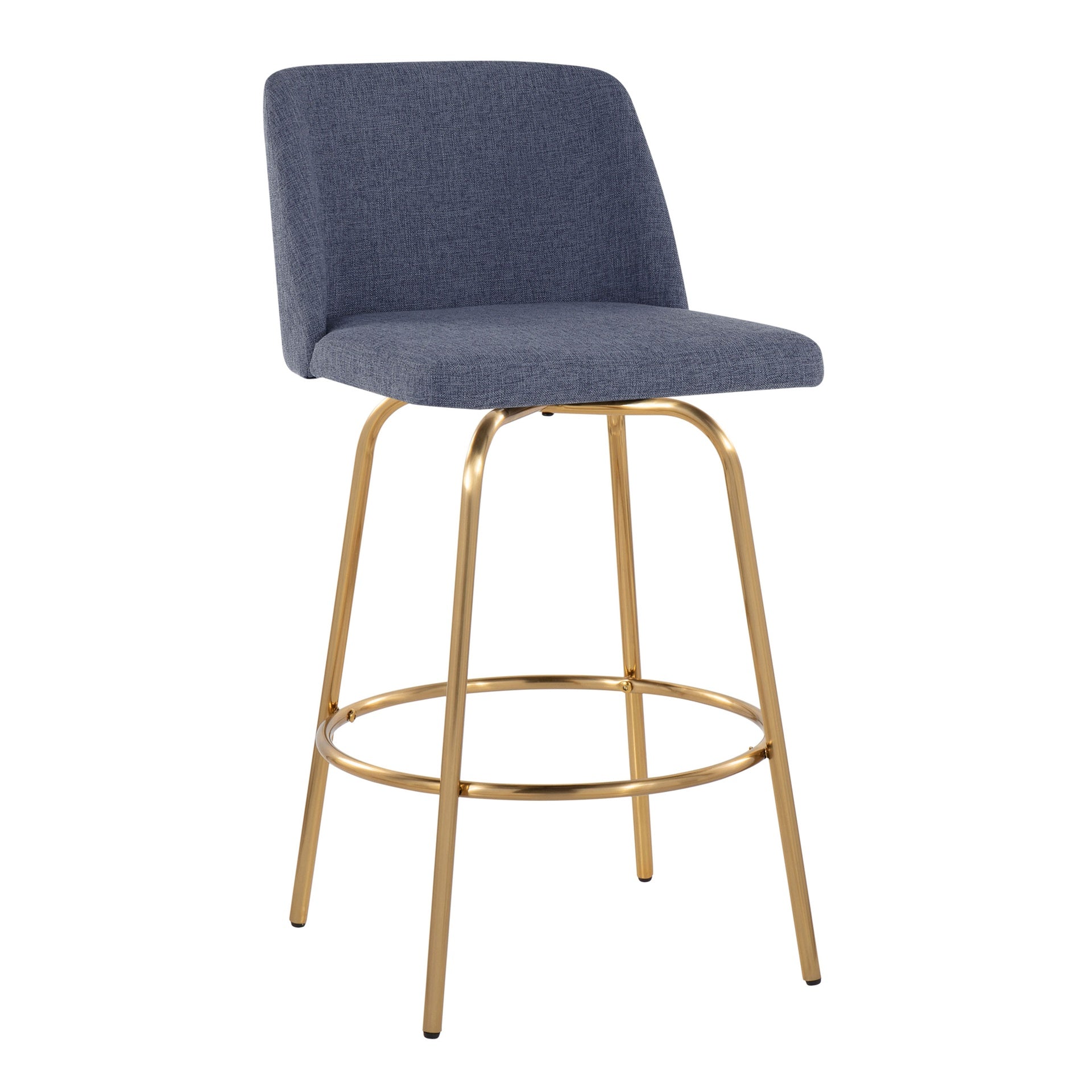 Toriano 26" Contemporary Fixed-Height Counter Stool with Swivel in Blue Fabric and Gold Metal with Round Footrest by LumiSource - Set of 2