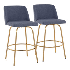 Toriano 26" Contemporary Fixed-Height Counter Stool with Swivel in Blue Fabric and Gold Metal with Round Footrest by LumiSource - Set of 2