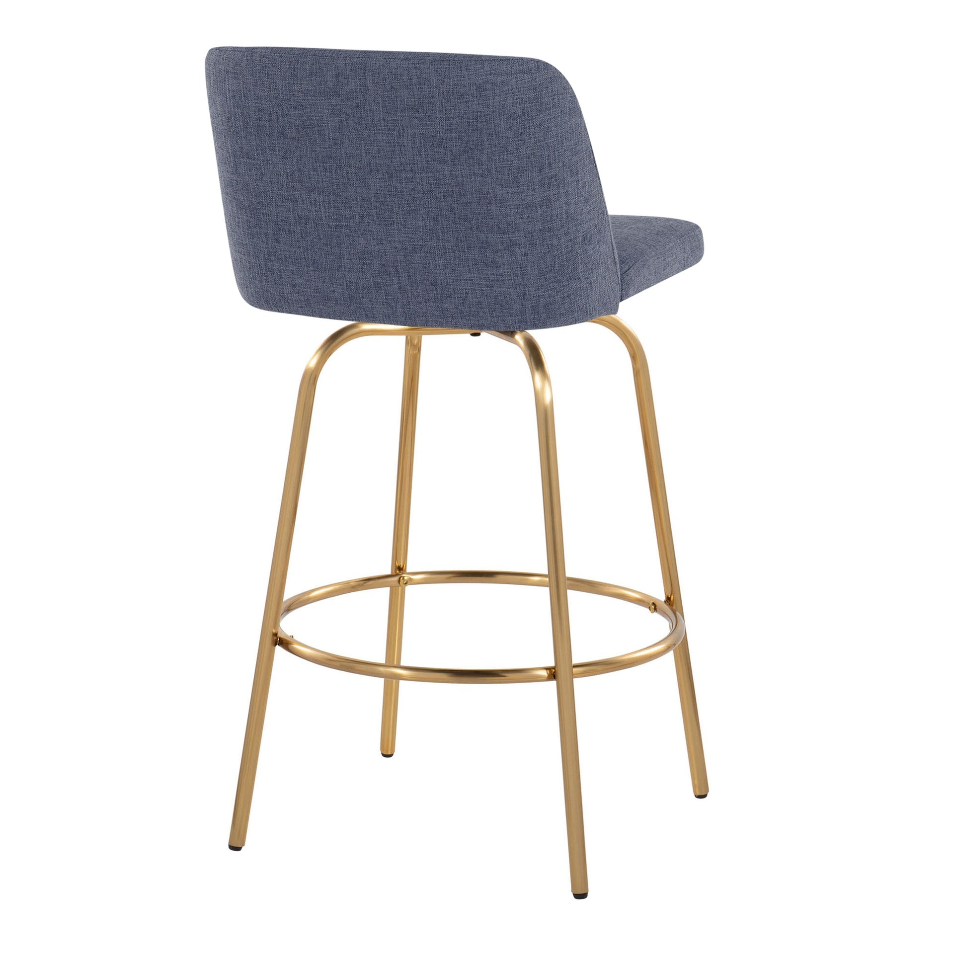 Toriano 26" Contemporary Fixed-Height Counter Stool with Swivel in Blue Fabric and Gold Metal with Round Footrest by LumiSource - Set of 2