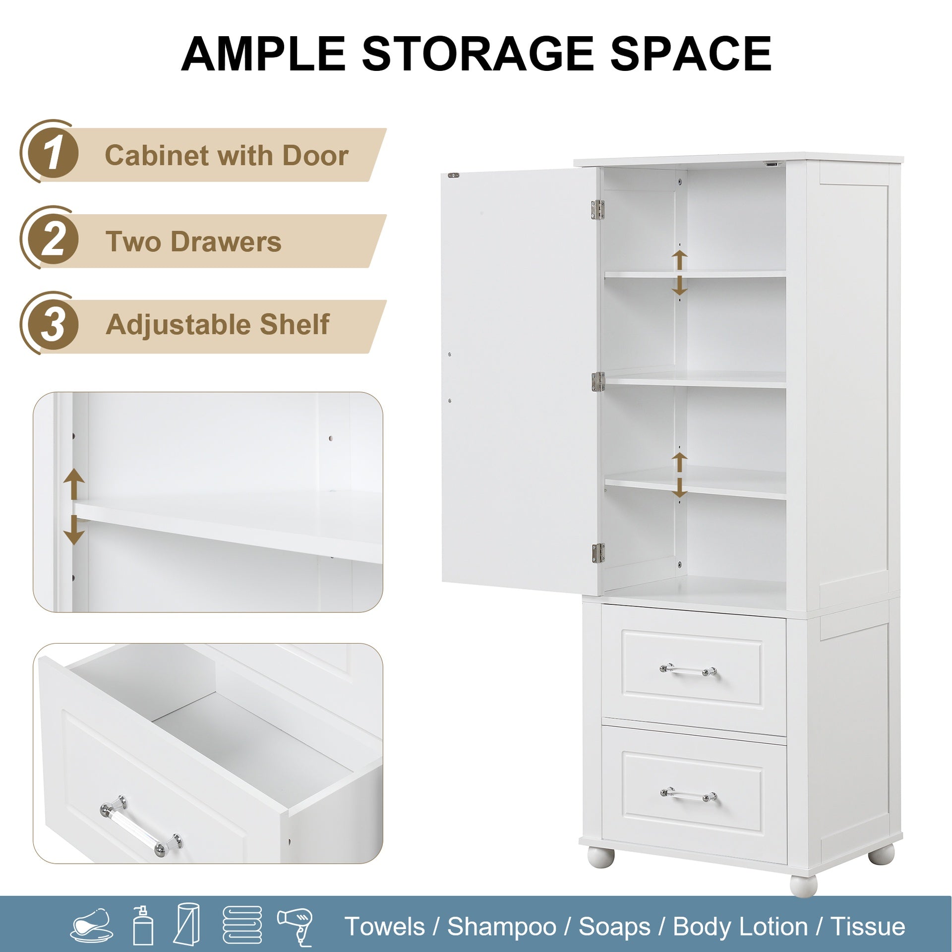 Tall Bathroom Storage Cabinet, Freestanding Storage Cabinet with Two Drawers and Adjustable Shelf, MDF Board with Painted Finish, White (Old Sku:WF312728AAK/N725P241045K)
