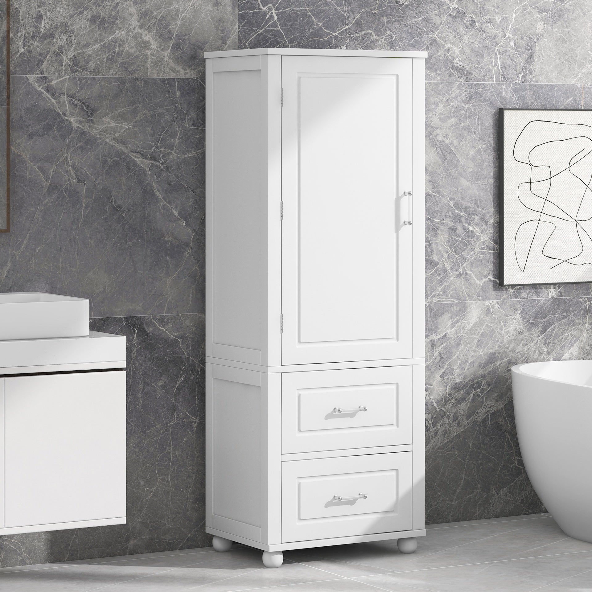 Tall Bathroom Storage Cabinet, Freestanding Storage Cabinet with Two Drawers and Adjustable Shelf, MDF Board with Painted Finish, White (Old Sku:WF312728AAK/N725P241045K)
