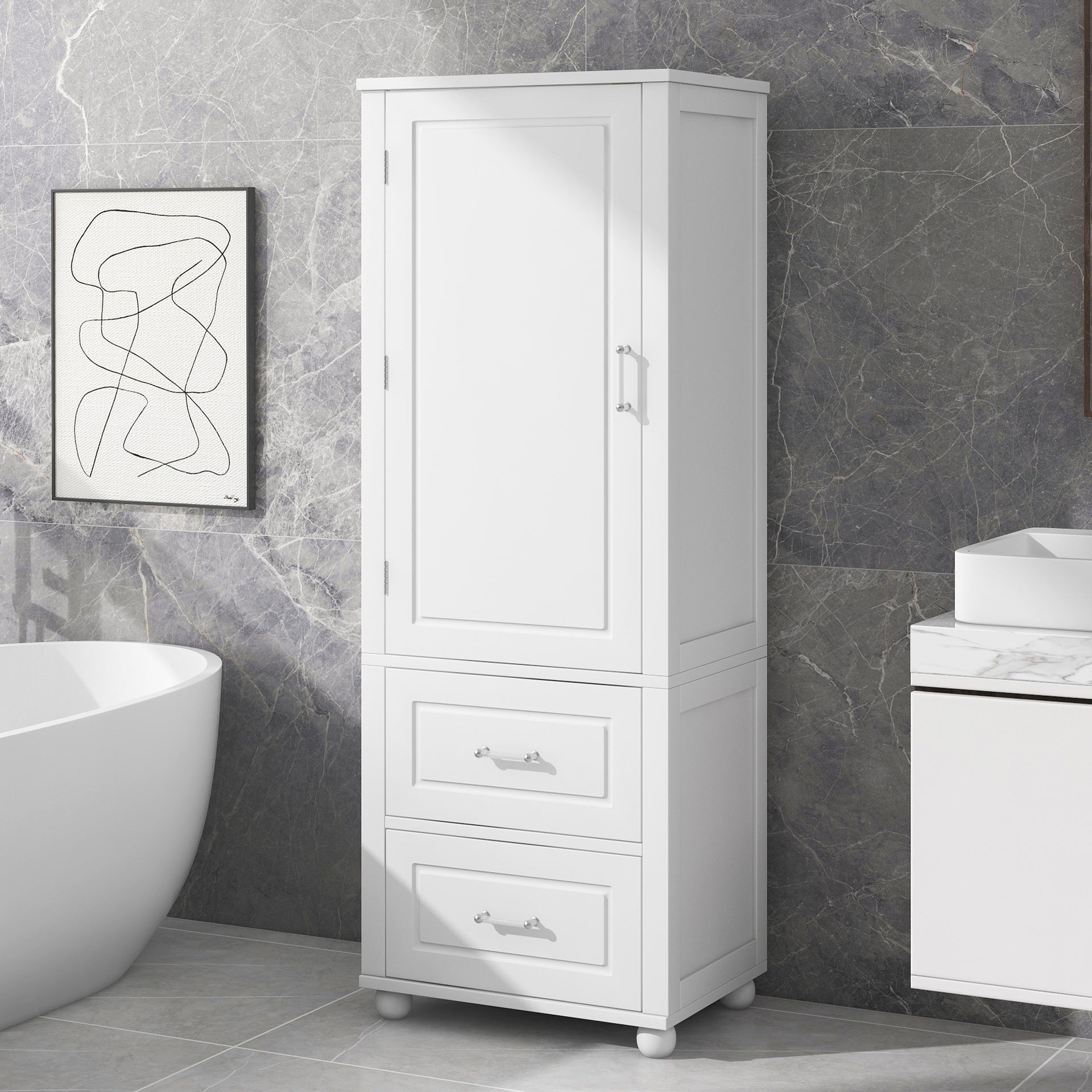 Tall Bathroom Storage Cabinet, Freestanding Storage Cabinet with Two Drawers and Adjustable Shelf, MDF Board with Painted Finish, White (Old Sku:WF312728AAK/N725P241045K)