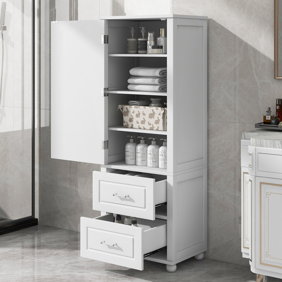 Tall Bathroom Storage Cabinet, Freestanding Storage Cabinet with Two Drawers and Adjustable Shelf, MDF Board with Painted Finish, White (Old Sku:WF312728AAK/N725P241045K)