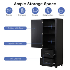 Tall Bathroom Storage Cabinet, Freestanding Storage Cabinet with Two Drawers and Adjustable Shelf, MDF Board with Painted Finish, Black (Old Sku:WF312728AAB/N725P241045B)