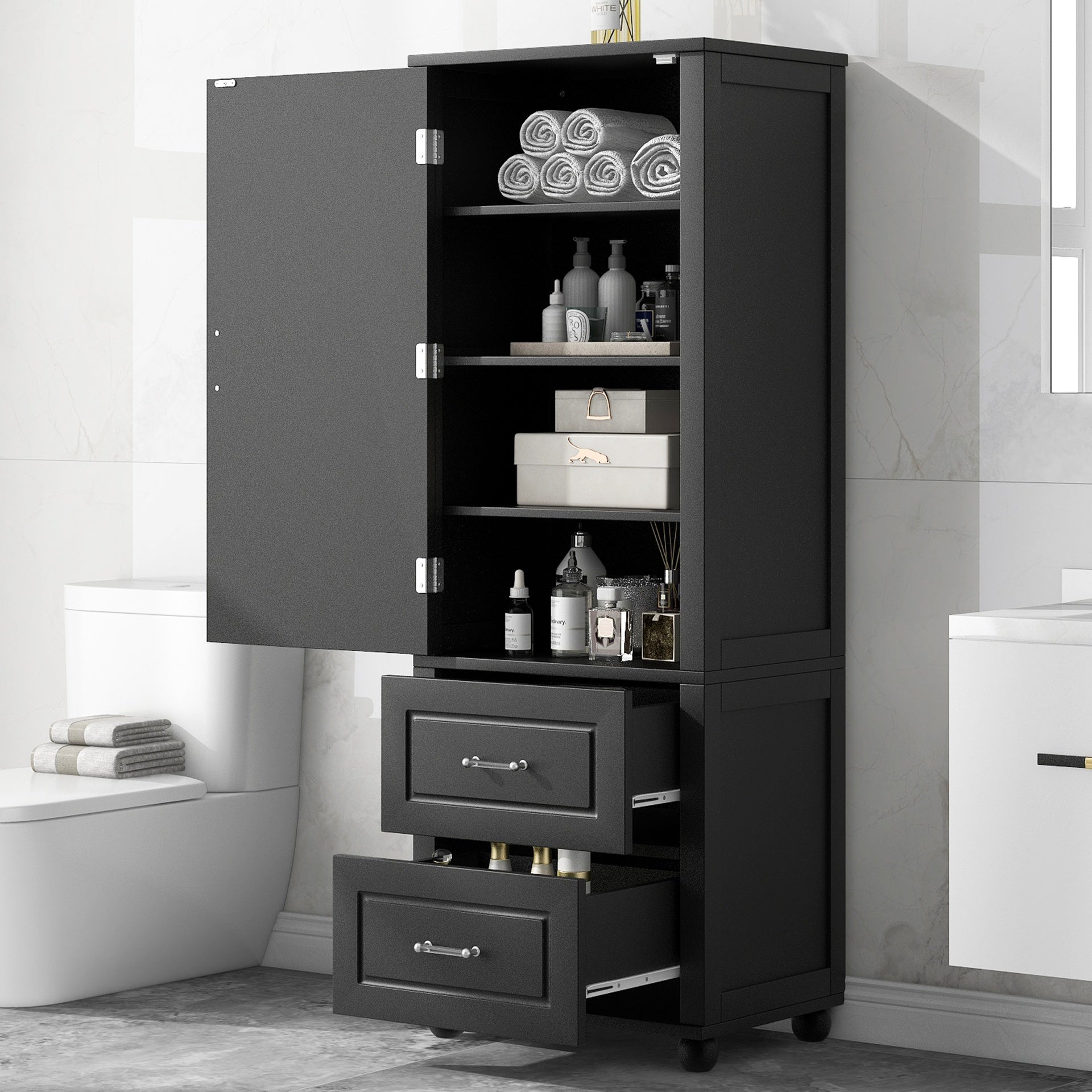 Tall Bathroom Storage Cabinet, Freestanding Storage Cabinet with Two Drawers and Adjustable Shelf, MDF Board with Painted Finish, Black (Old Sku:WF312728AAB/N725P241045B)