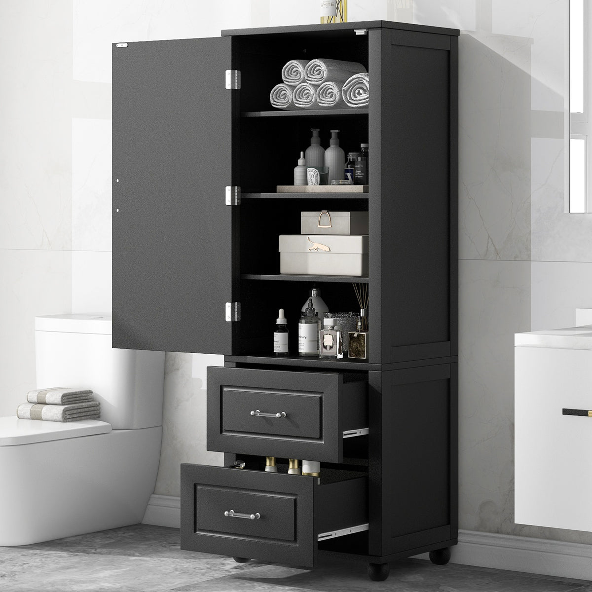 Tall Bathroom Storage Cabinet, Freestanding Storage Cabinet with Two Drawers and Adjustable Shelf, MDF Board with Painted Finish, Black (Old Sku:WF312728AAB/N725P241045B)