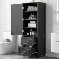 Tall Bathroom Storage Cabinet, Freestanding Storage Cabinet with Two Drawers and Adjustable Shelf, MDF Board with Painted Finish, Black (Old Sku:WF312728AAB/N725P241045B)