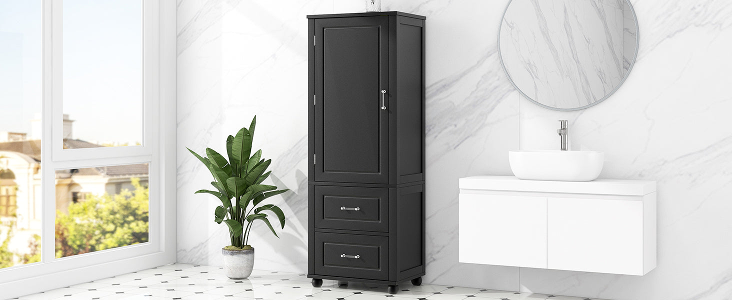 Tall Bathroom Storage Cabinet, Freestanding Storage Cabinet with Two Drawers and Adjustable Shelf, MDF Board with Painted Finish, Black (Old Sku:WF312728AAB/N725P241045B)