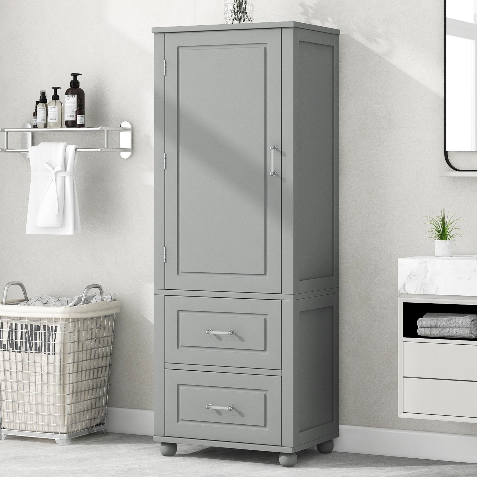 Tall Bathroom Storage Cabinet, Freestanding Storage Cabinet with Two Drawers and Adjustable Shelf, MDF Board with Painted Finish, Grey (Old Sku:WF312728AAE/N725P241045E)