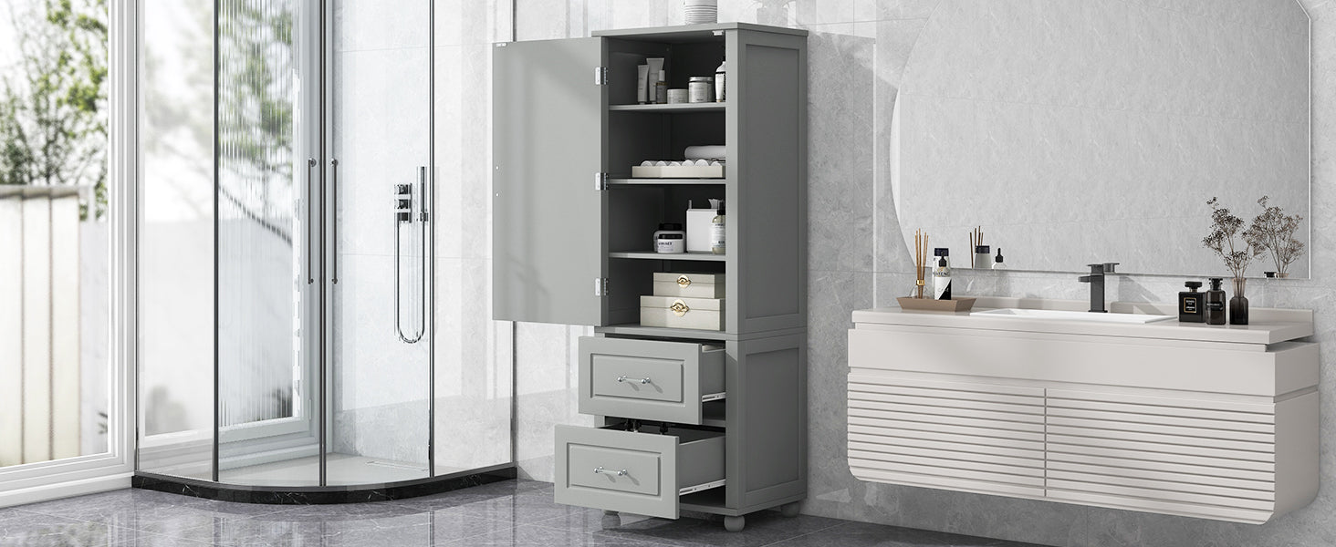 Tall Bathroom Storage Cabinet, Freestanding Storage Cabinet with Two Drawers and Adjustable Shelf, MDF Board with Painted Finish, Grey (Old Sku:WF312728AAE/N725P241045E)