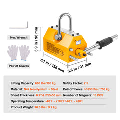 Magnetic Lifter, 660 lbs/300 kg Pulling Capacity, 2.5 Safety Factor, Neodymium & Steel, Lifting Magnet with Release, Permanent Lift Magnets, Heavy Duty Magnet for Hoist, Shop Crane, Block, Board