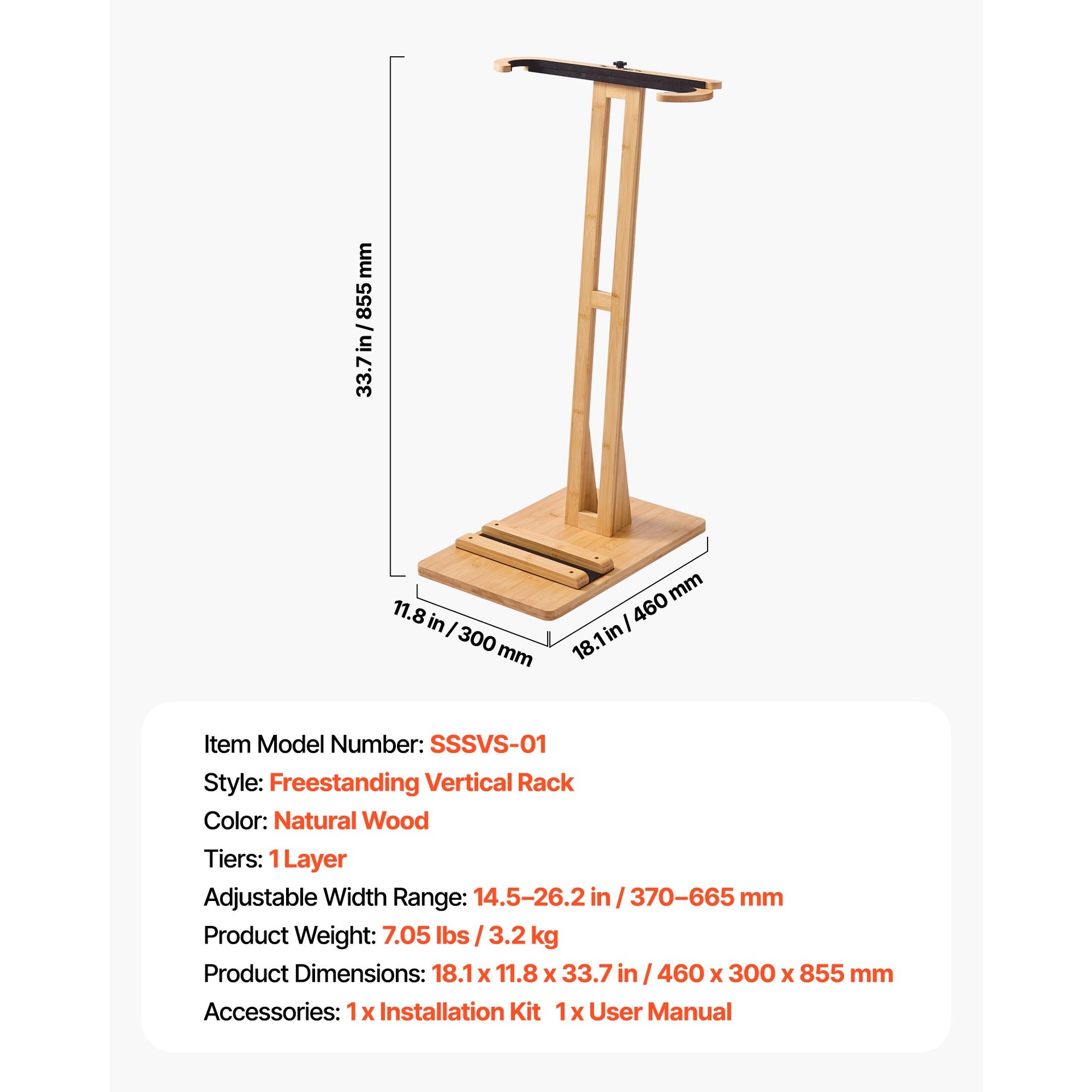 Vertical Surfboard Stand, Wooden Surfboard Rack for Storage and Display, Adjustable & Freestanding Board Stand Organizer with Padding, for Wakeboards, Snowboards, Kiteboards, Shortboard, Skis
