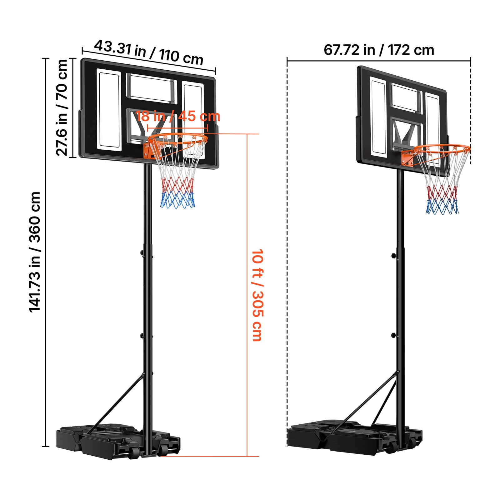 Portable Basketball Stand, 4.4 ft to 10 ft Height Adjustment Basketball Hoop & Goal, Adjustable Basketballs Goal System with Built-in Rolling Wheels for Kids, Teens, Adults in Driveways, Pools