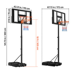 Portable Basketball Stand, 4.4 ft to 10 ft Height Adjustment Basketball Hoop & Goal, Adjustable Basketballs Goal System with Built-in Rolling Wheels for Kids, Teens, Adults in Driveways, Pools