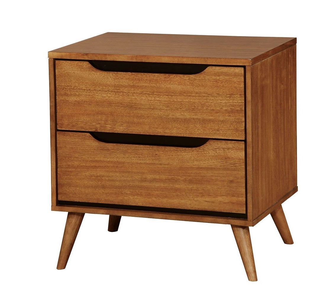 Mid-Century Modern Oak Color 1pc Nightstand Bedroom Furniture Solid wood Round Tapered Legs 2-Drawers Bedside Table