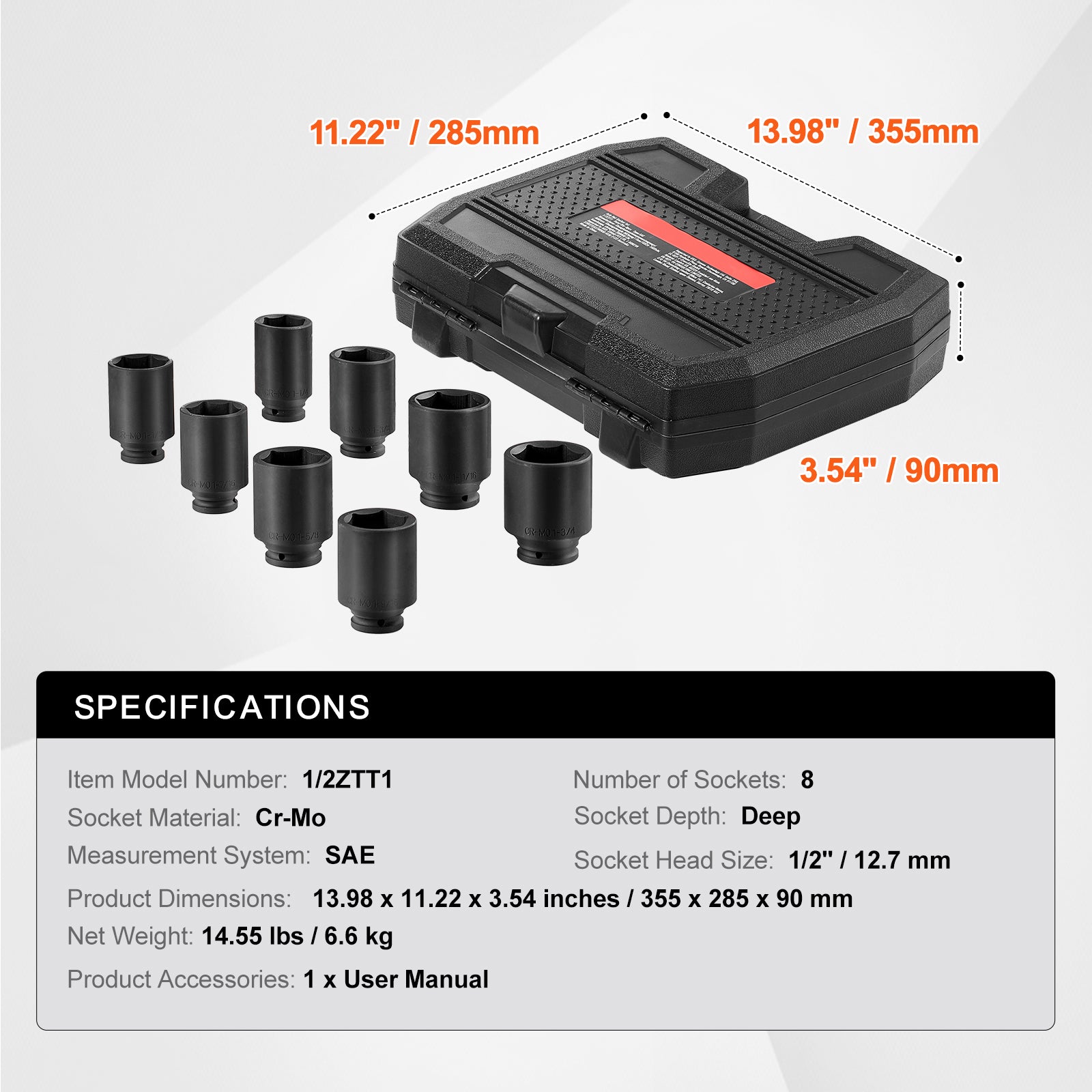 Axle Nut Impact Socket Set 1/2" Drive Deep 6-Point 8PCS SAE Nut Socket