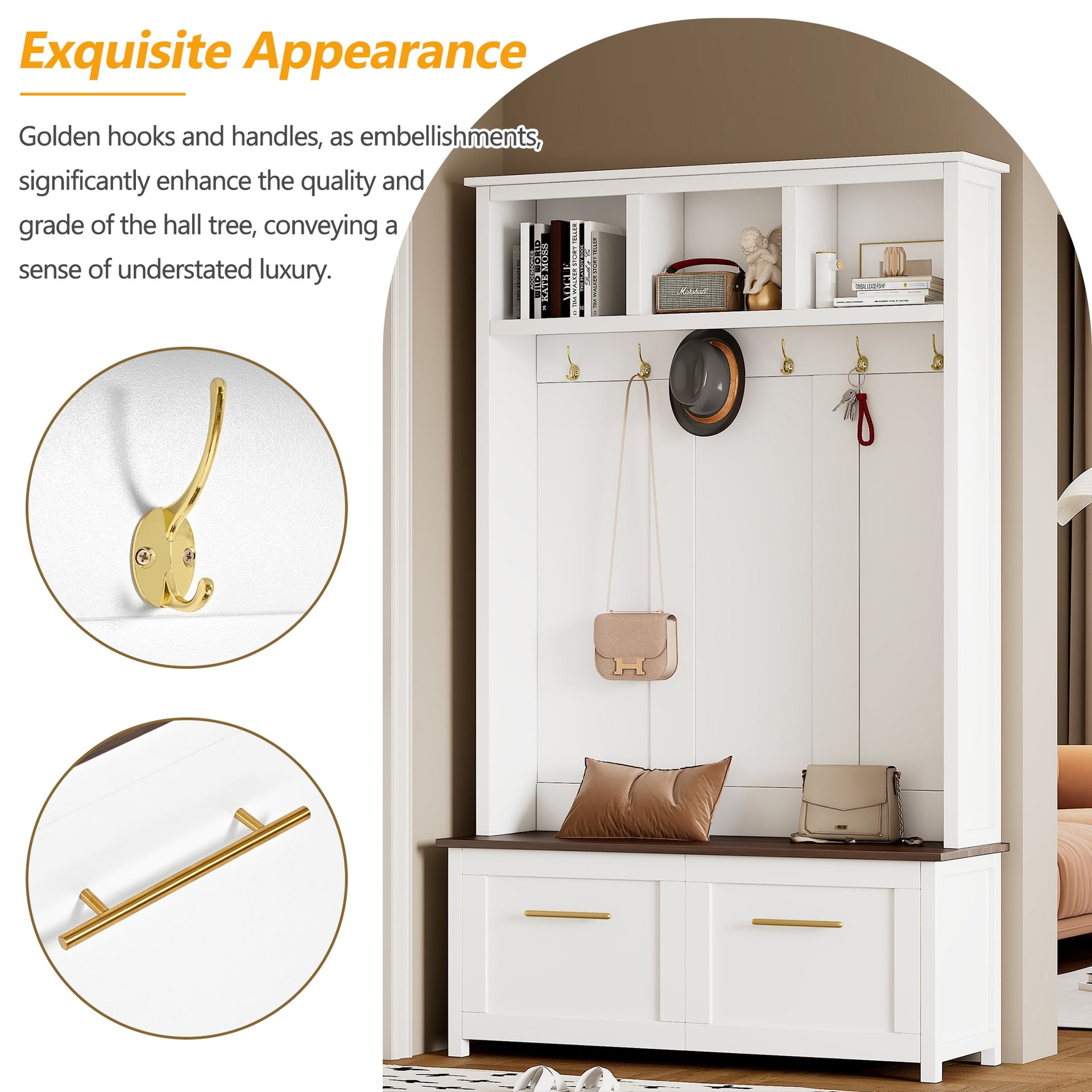 ON-TREND Versatile 4-in-1 Hall Tree with 6 Golden Hooks, Wood Grain Bench with Multiple Storage Space, Entryway Coat Rack with 2 Drawers for Living Room, Hallway, White, 76.6''H (OLD SKU:N721P272898K)