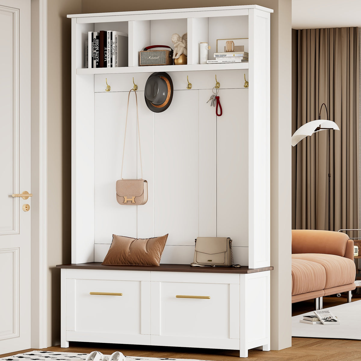 ON-TREND Versatile 4-in-1 Hall Tree with 6 Golden Hooks, Wood Grain Bench with Multiple Storage Space, Entryway Coat Rack with 2 Drawers for Living Room, Hallway, White, 76.6''H (OLD SKU:N721P272898K)