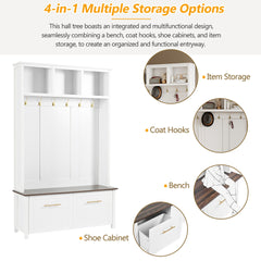 ON-TREND Versatile 4-in-1 Hall Tree with 6 Golden Hooks, Wood Grain Bench with Multiple Storage Space, Entryway Coat Rack with 2 Drawers for Living Room, Hallway, White, 76.6''H (OLD SKU:N721P272898K)