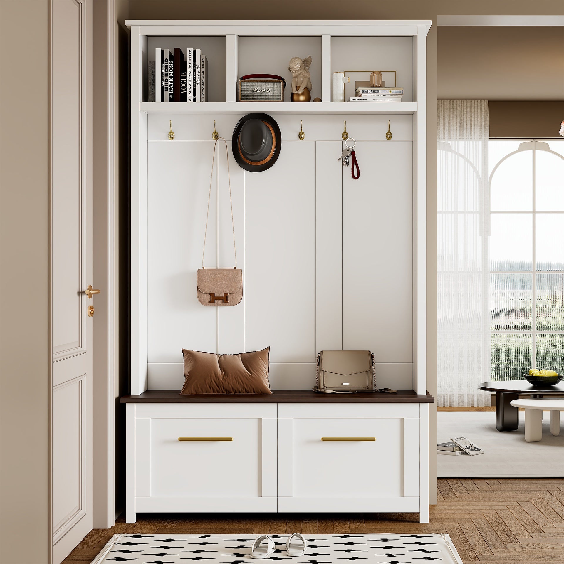 ON-TREND Versatile 4-in-1 Hall Tree with 6 Golden Hooks, Wood Grain Bench with Multiple Storage Space, Entryway Coat Rack with 2 Drawers for Living Room, Hallway, White, 76.6''H (OLD SKU:N721P272898K)
