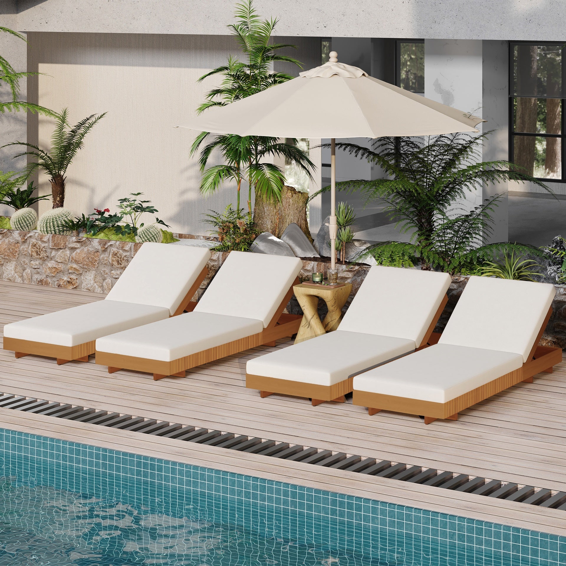 LOUNGE CHAISE SET, ACACIA SOLID WOOD WITH LOUNGE CUSHION (Cream) - Matching Dark Grey Version Available