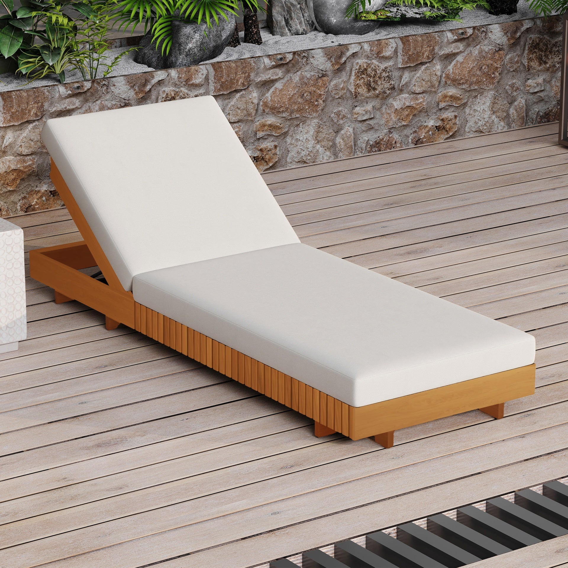 LOUNGE CHAISE SET, ACACIA SOLID WOOD WITH LOUNGE CUSHION (Cream) - Matching Dark Grey Version Available