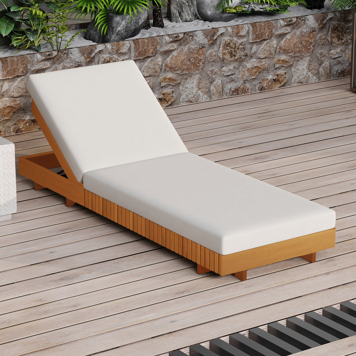 LOUNGE CHAISE SET, ACACIA SOLID WOOD WITH LOUNGE CUSHION (Cream) - Matching Dark Grey Version Available
