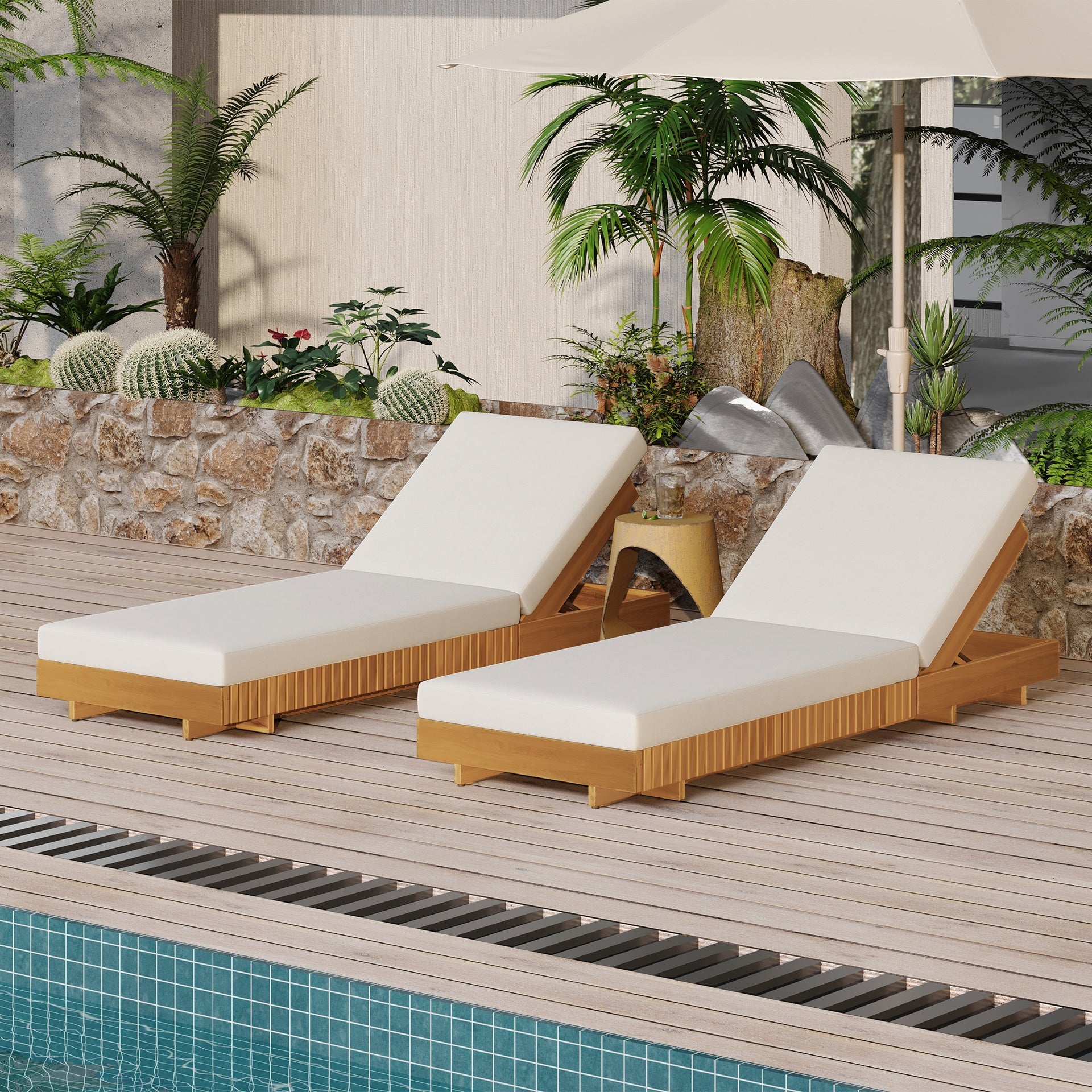 LOUNGE CHAISE SET, ACACIA SOLID WOOD WITH LOUNGE CUSHION (Cream) - Matching Dark Grey Version Available