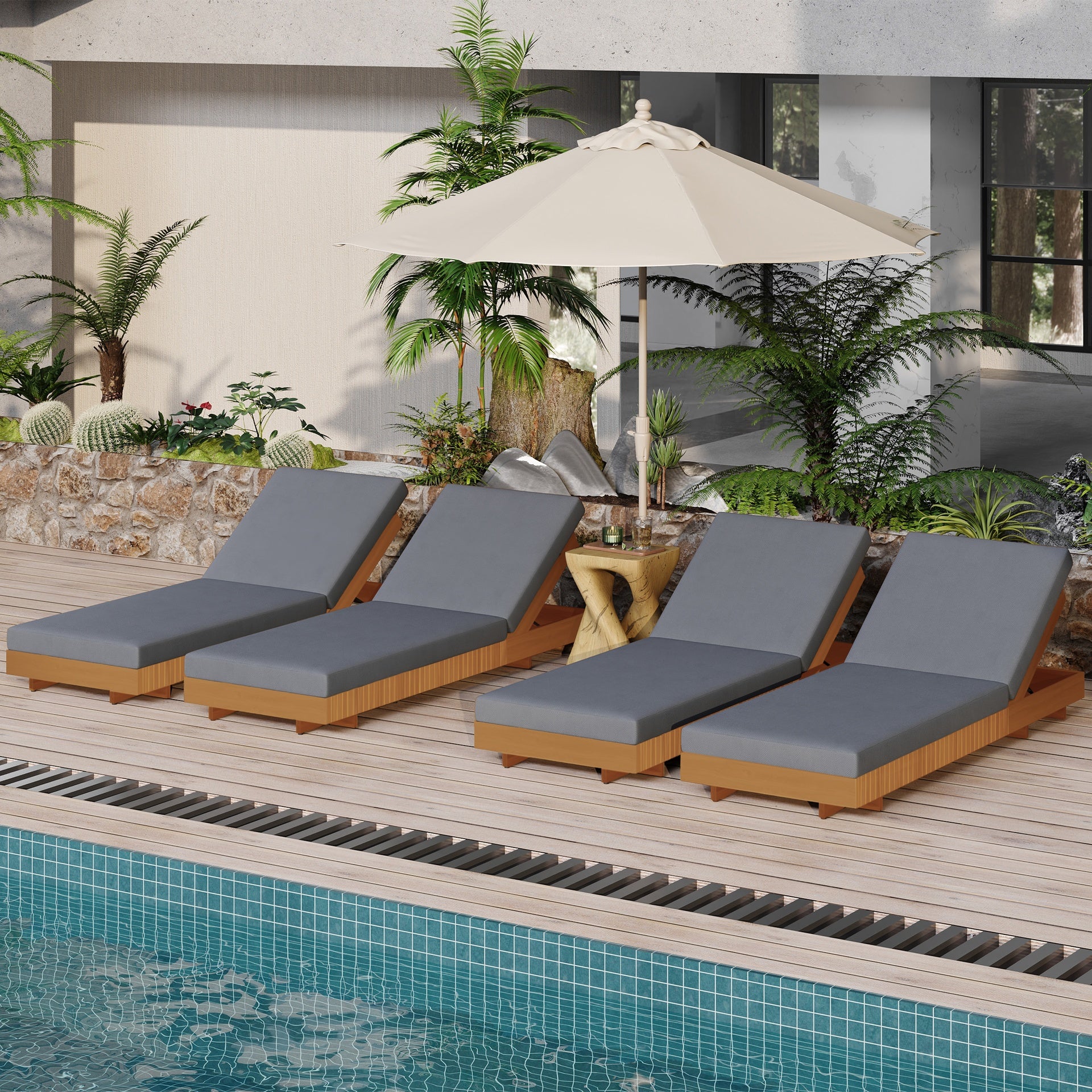Lounge chaise Set, Acacia solid wood with LOUNGE CUSHION (Dark Grey) - Matching Cream Version Available