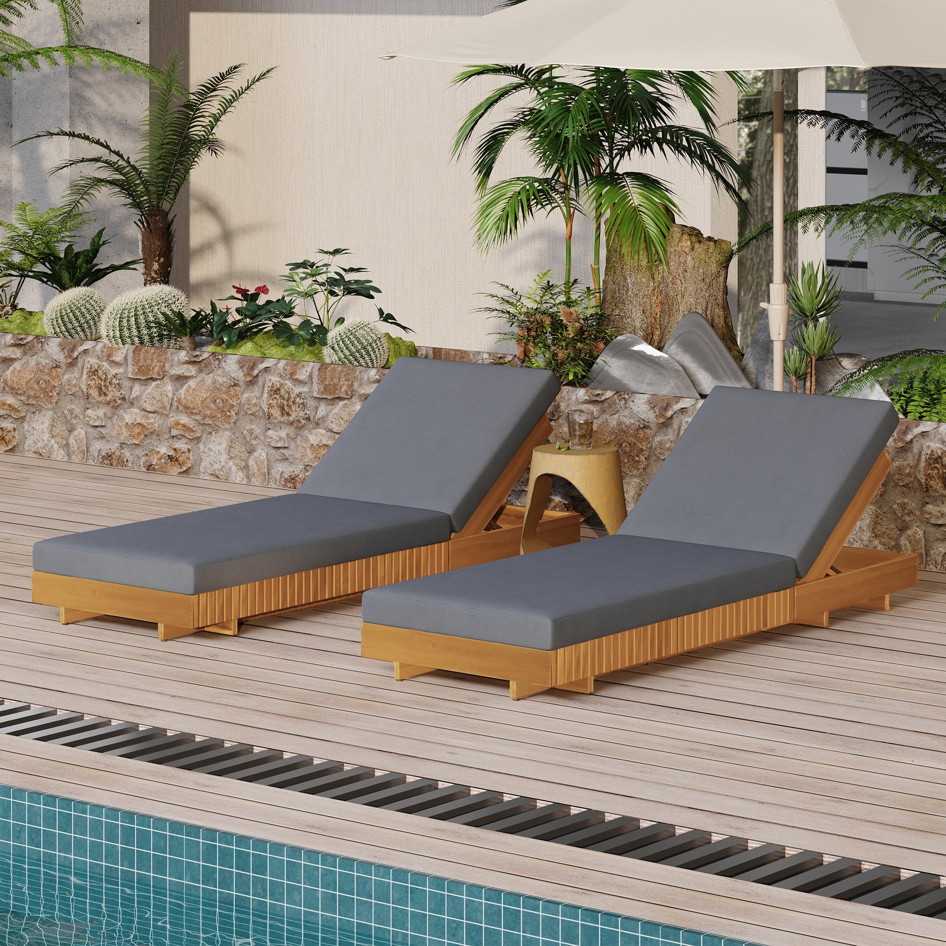 Lounge chaise Set, Acacia solid wood with LOUNGE CUSHION (Dark Grey) - Matching Cream Version Available