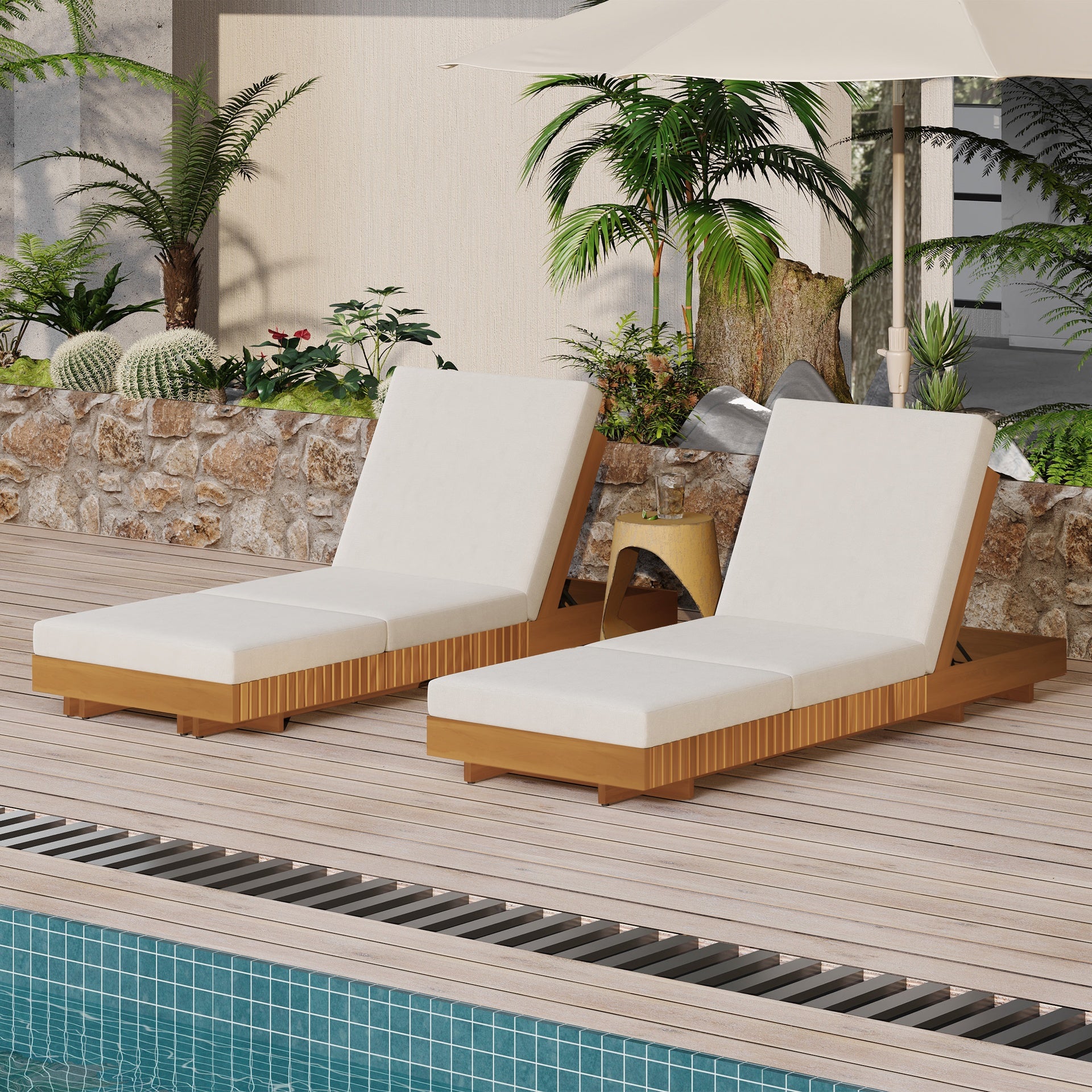 Lounge chaise Set, Acacia solid wood with Lounge Cushion (Cream+Triple Folds) - Matching Dark Grey Version Available