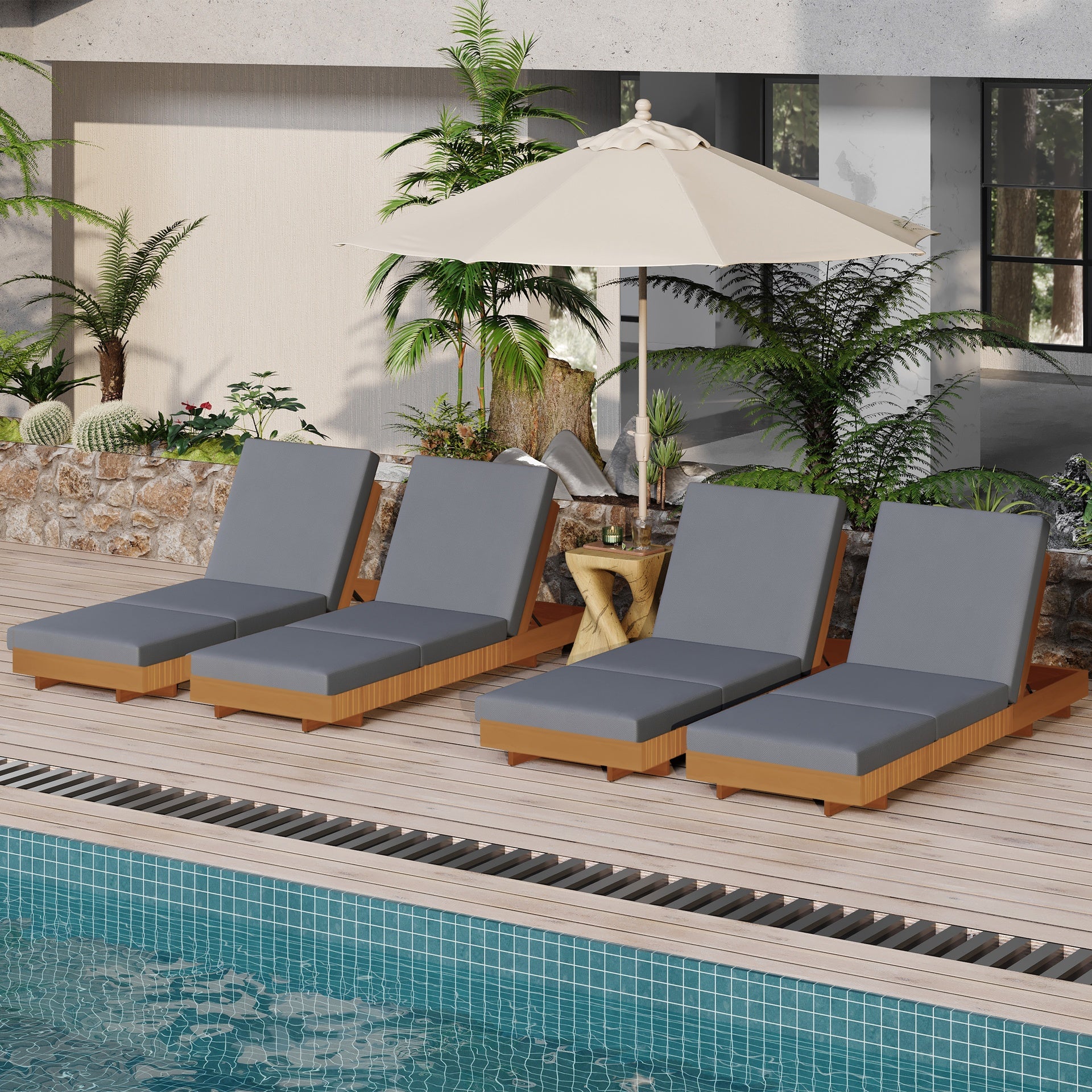 Lounge chaise Set, Acacia solid wood with LOUNGE CUSHION (Dark Grey+TRIPLE FOLDS) - Matching Cream Version Available