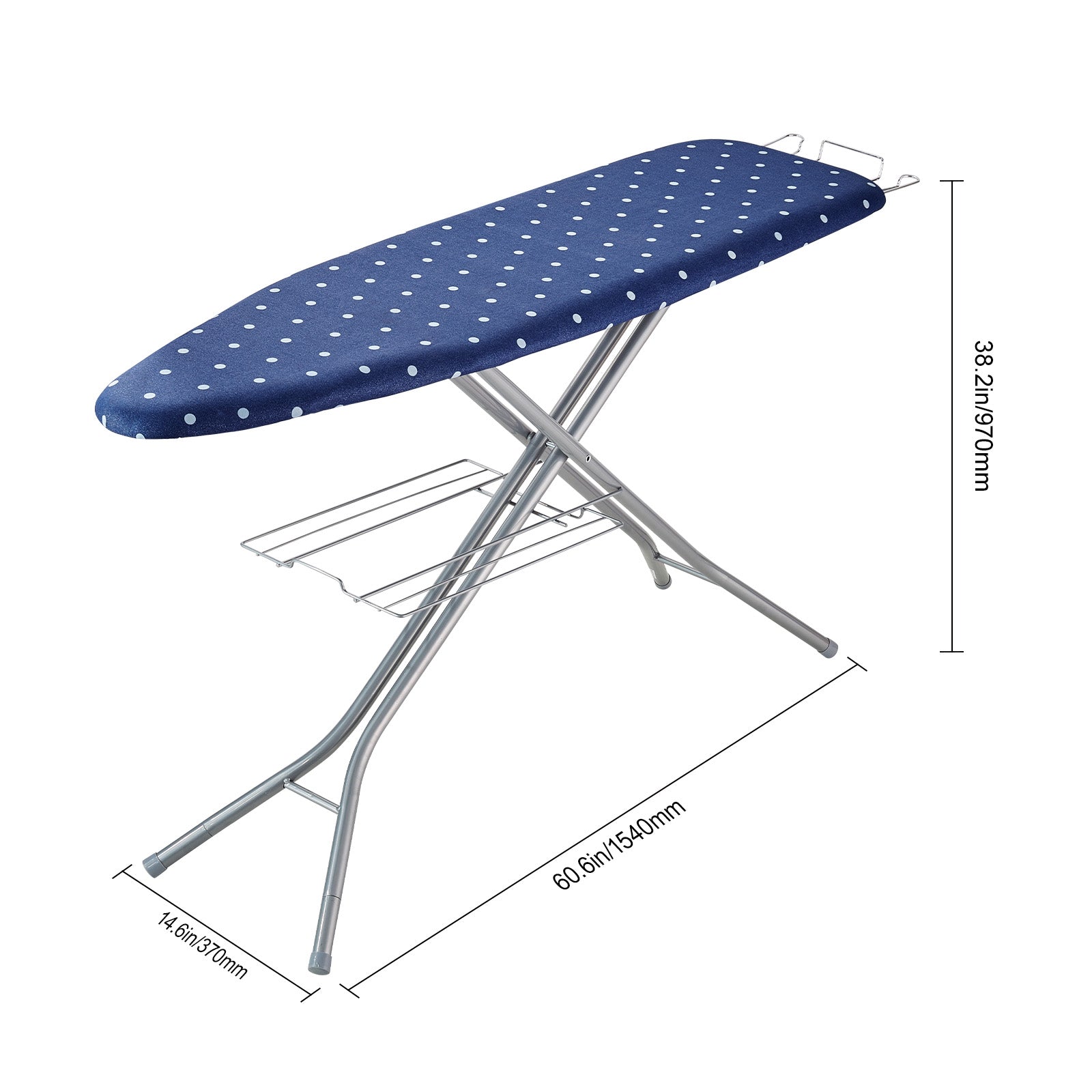 Ironing Board with Bottom Storage Tray, Thickened 4 Layers Iron Board with Heat Resistant Cover and 100% Cotton Cover, 10 Adjustable Heights Ironing Board for Home Laundry Room Use (Size 55x15)