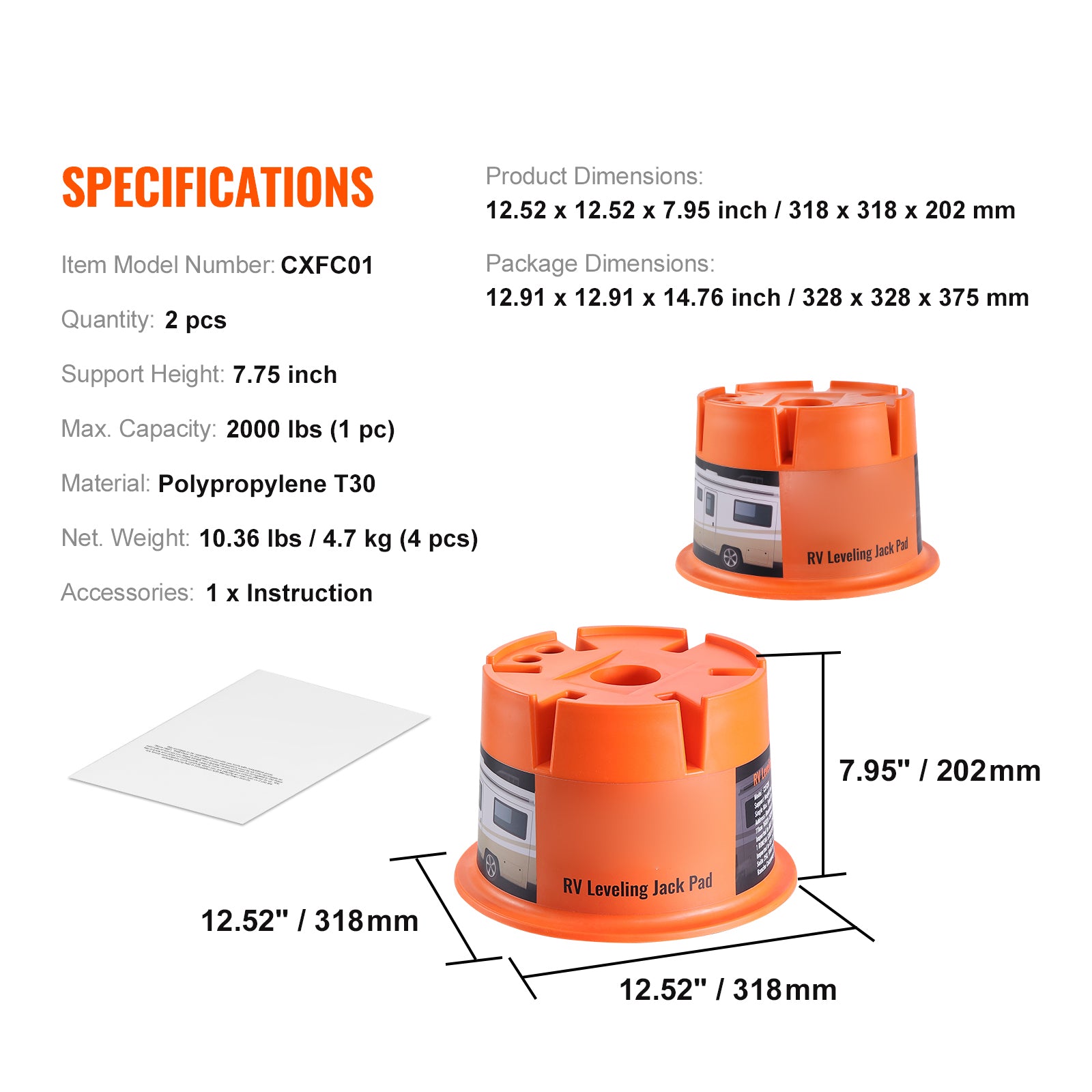 Trailer Jack Block, 2000 lbs Capacity per RV Leveling Block, High-quality Polypropylene RV Camper Stabilizer Blocks, RV Travel Accessories Use for Any Tongue Jack, Post, Foot, 5th Wheels, 2-Pack